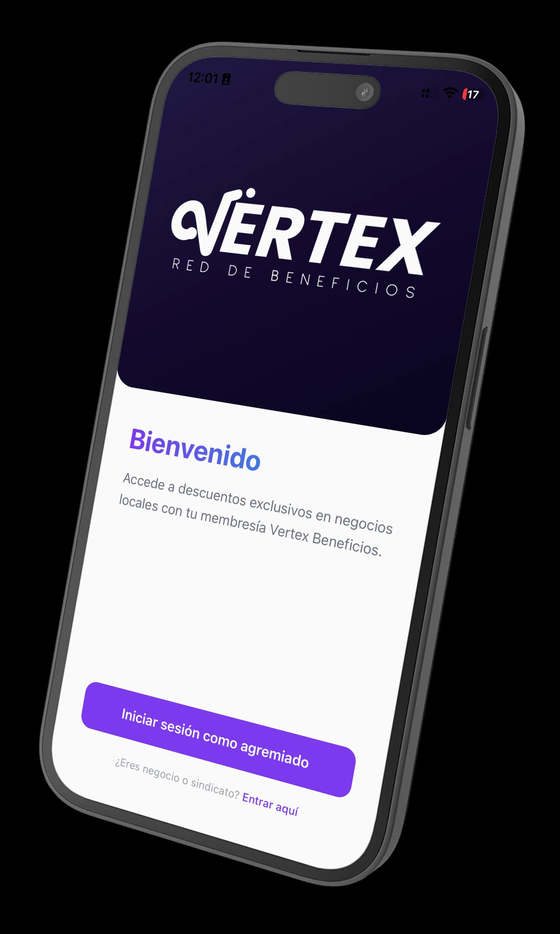 Pantalla de bienvenida de Vertex Beneficios en iPhone